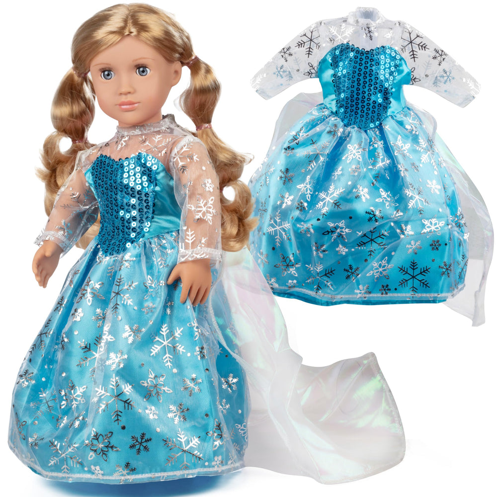 Dress Along Dolly Elsa-inspired dress, front view, ideal for imaginative play with 18-inch dolls.