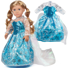 Dress Along Dolly Elsa-inspired dress, front view, ideal for imaginative play with 18-inch dolls.