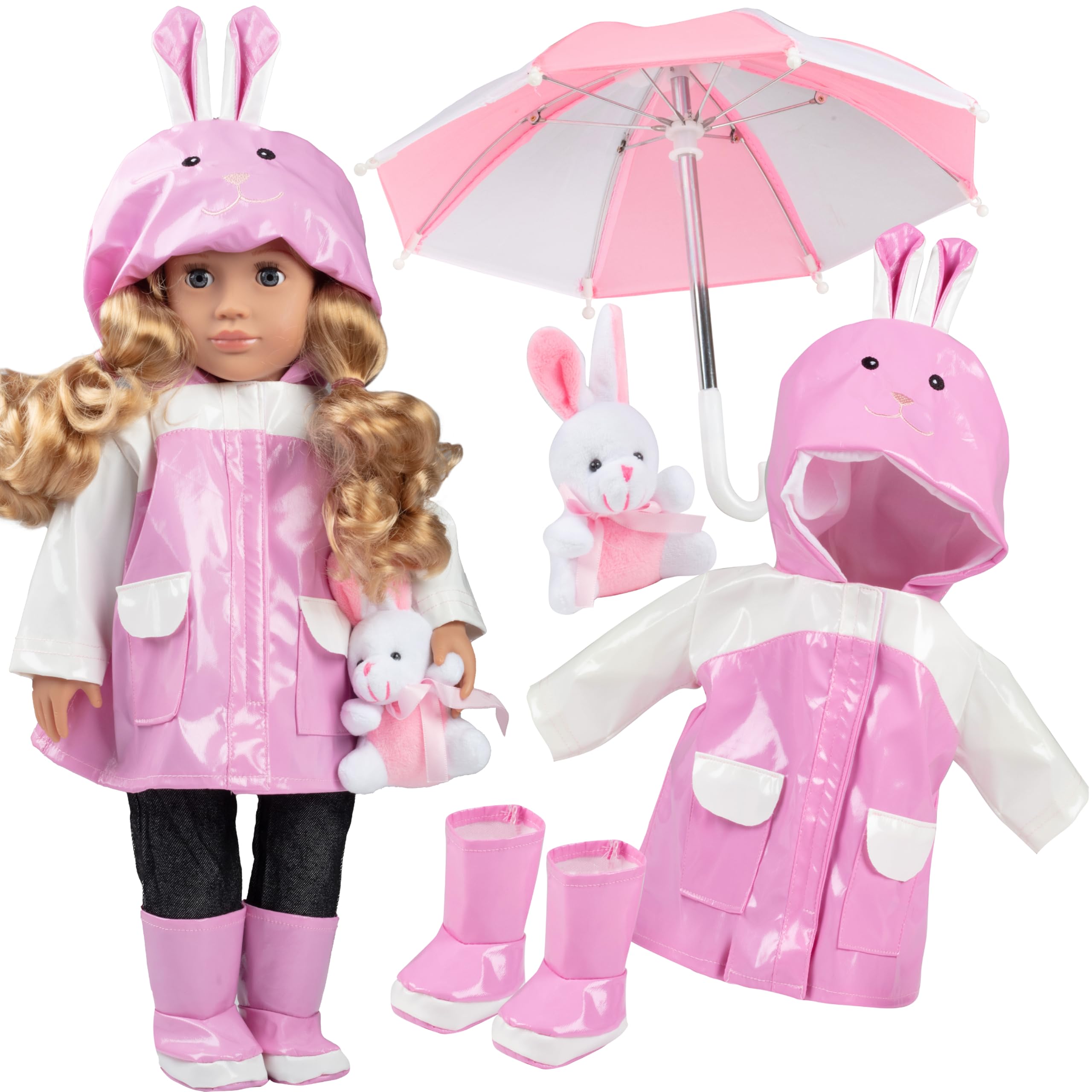 Dress Along Dolly pink raincoat on an 18-inch doll for rainy-day styling.