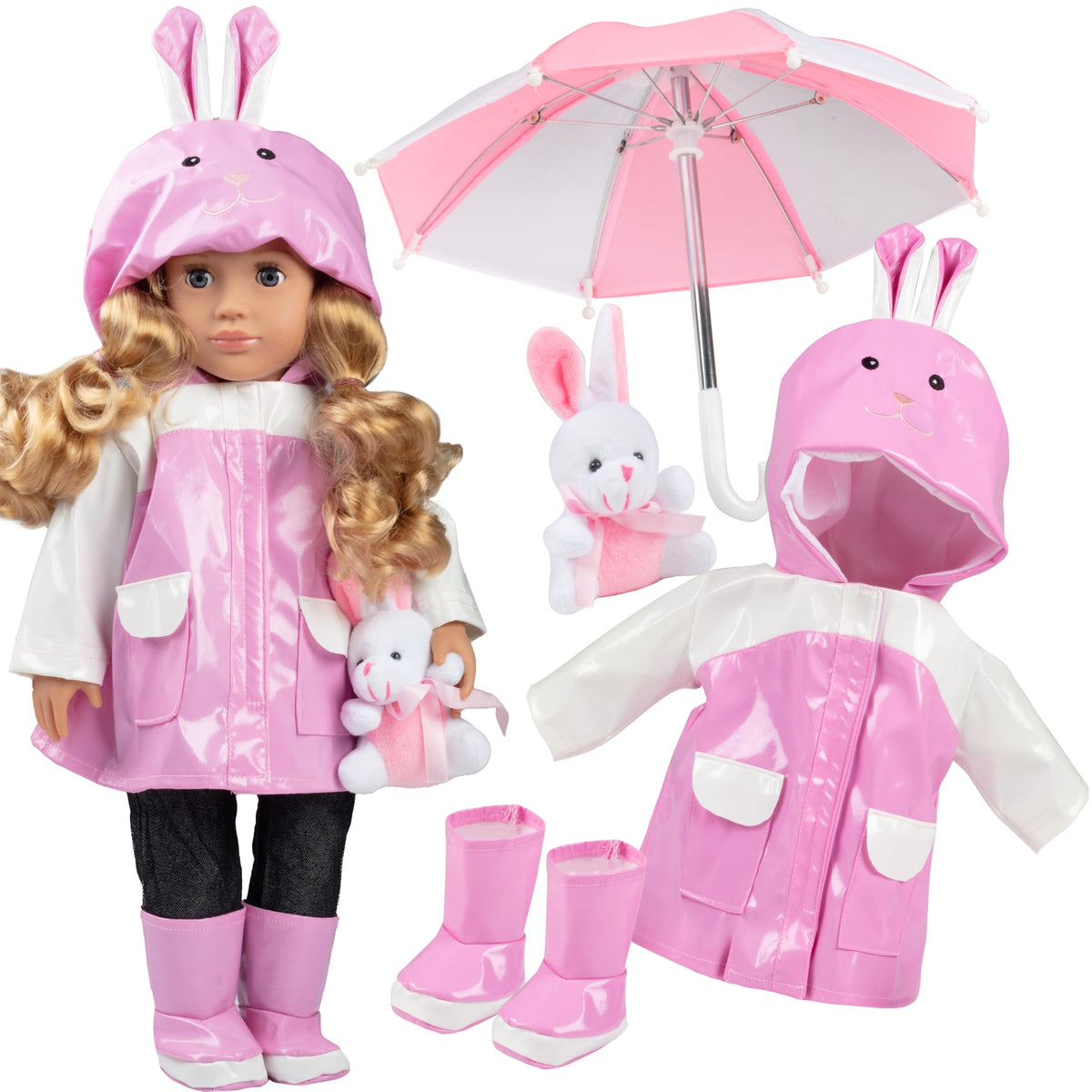 Dress Along Dolly pink raincoat on an 18-inch doll for rainy-day styling.