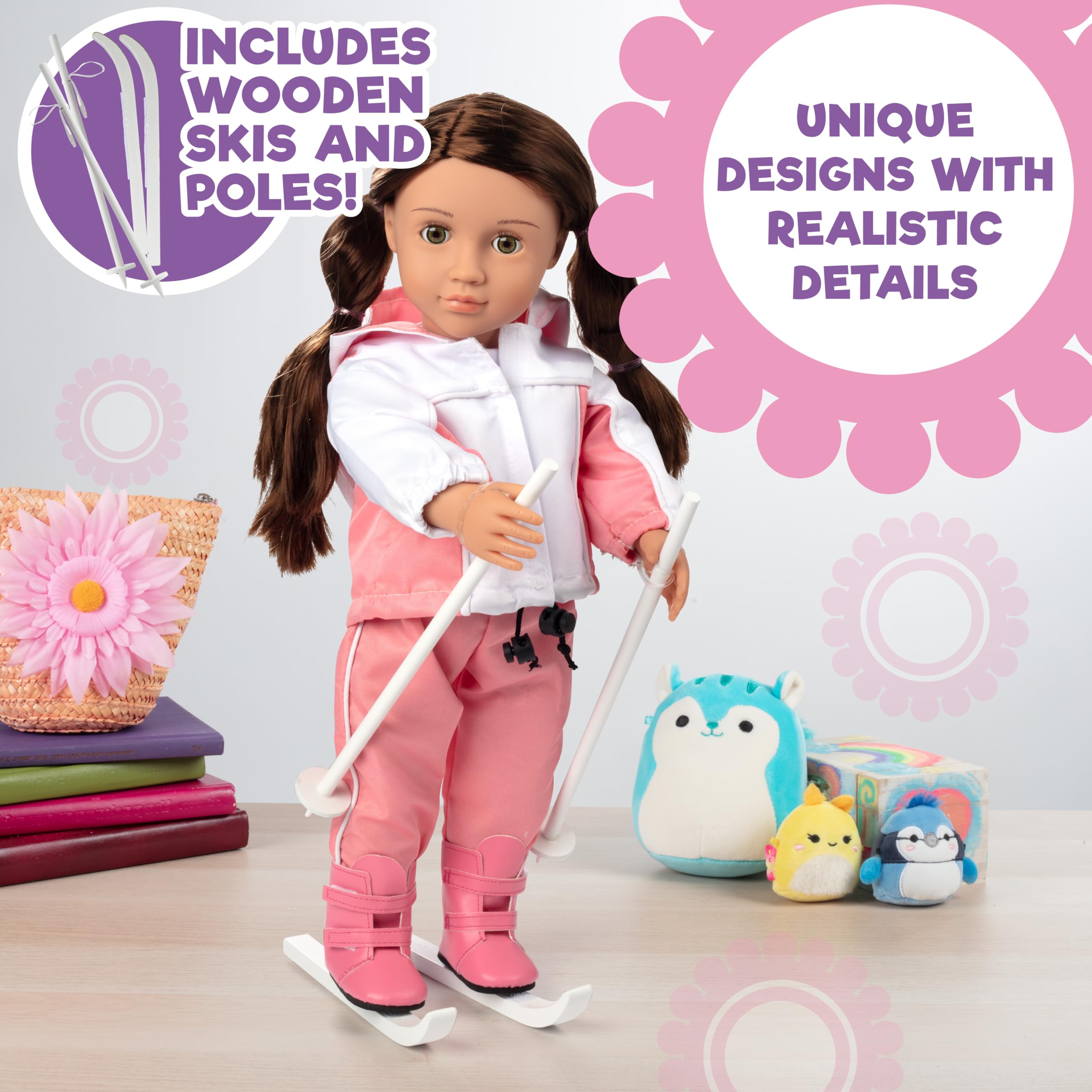 Dress Along Dolly ski poles for 18-inch dolls, realistic accessory for pretend skiing.