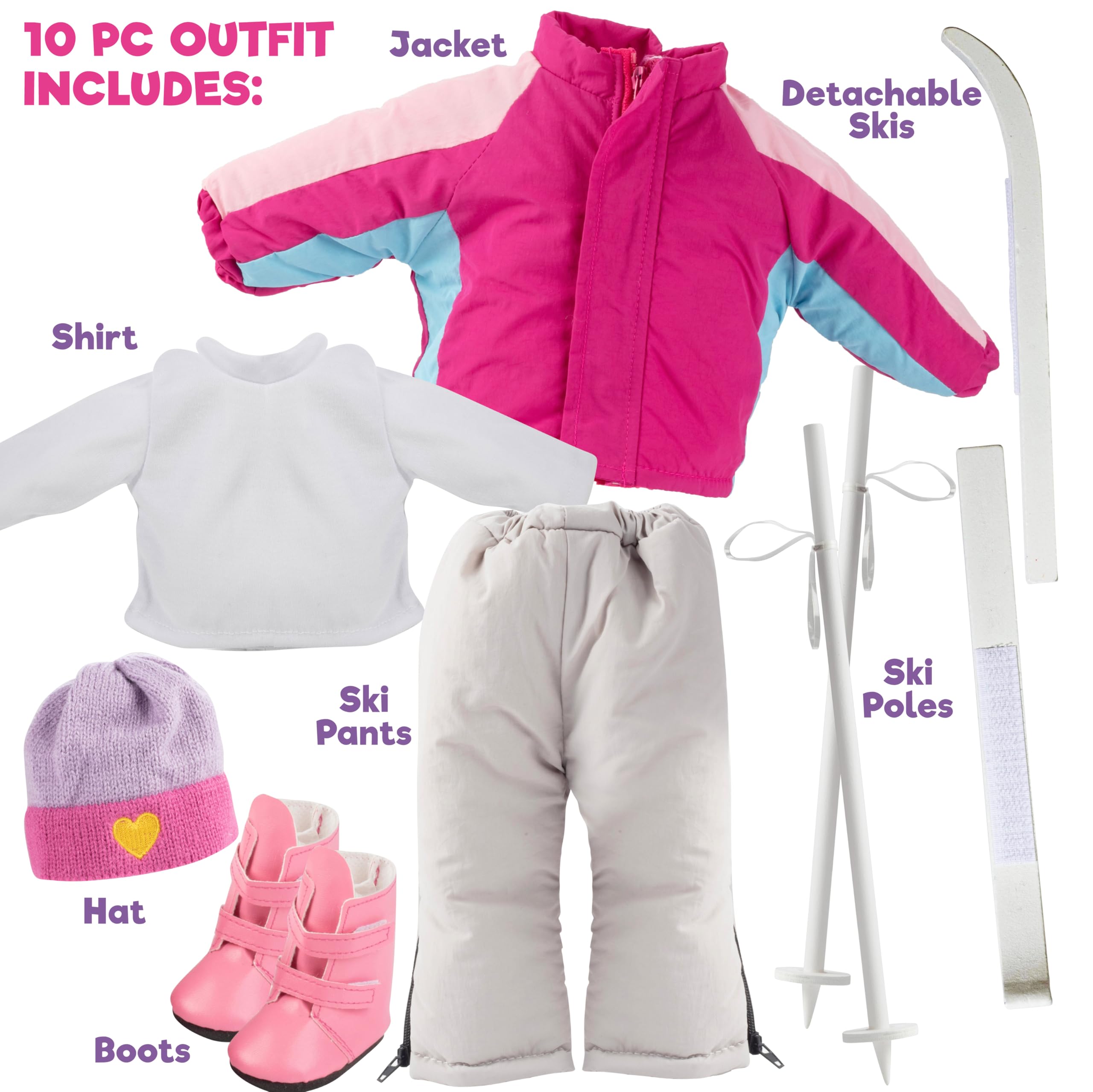 Dress Along Dolly ski outfit hat complements the winter look for 18-inch dolls.