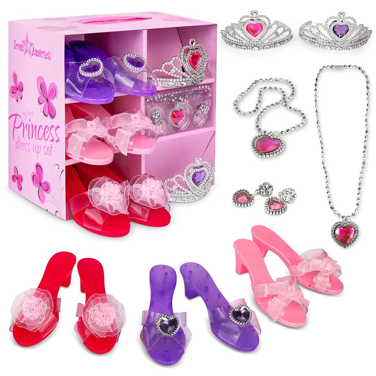 Dress Up America princess shoes set with three pairs, ideal for imaginative dress-up play