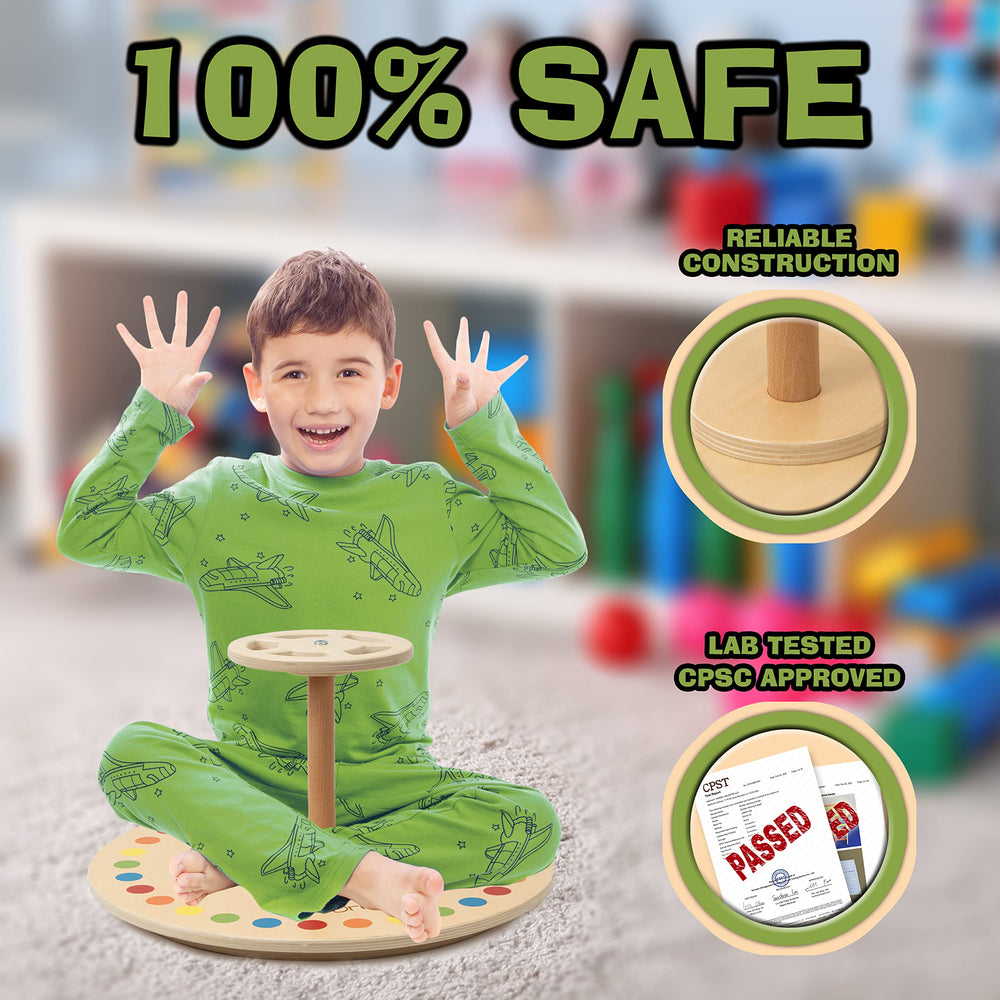 Driddle wooden spinner seat in a playroom shows safe engaging activity