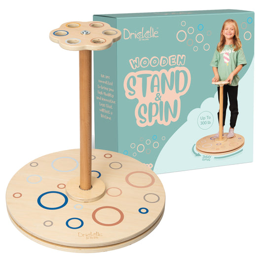 Driddle wooden stand and spin demonstrating balance play for coordination