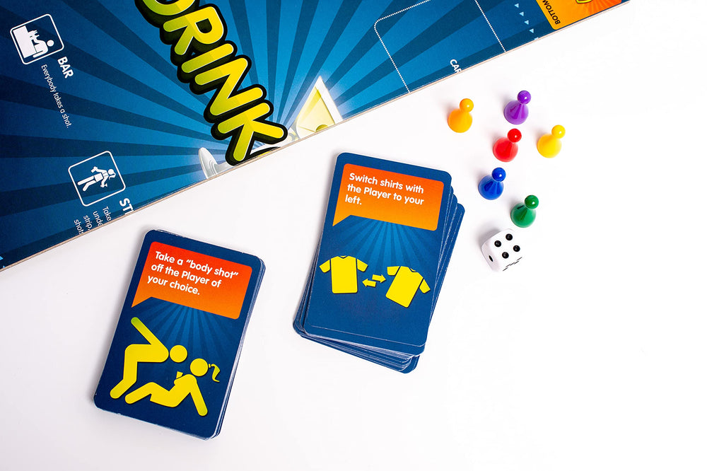Drinkopoly-tokens-dice-cards in use, enhancing social fun and competitive vibes.