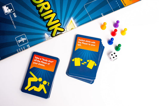 Drinkopoly-tokens-dice-cards in use, enhancing social fun and competitive vibes.