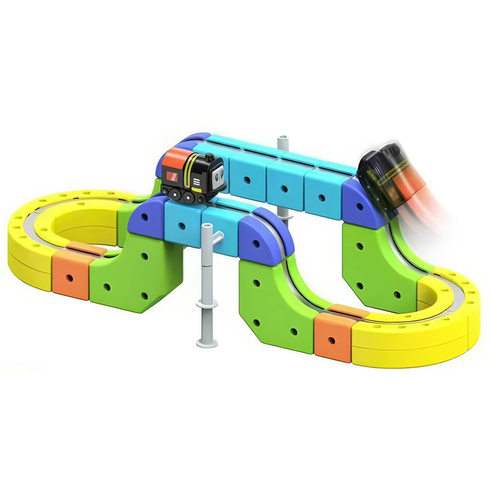 Dripiagarden electric train set demonstrates 3D track assembly for flexible play.