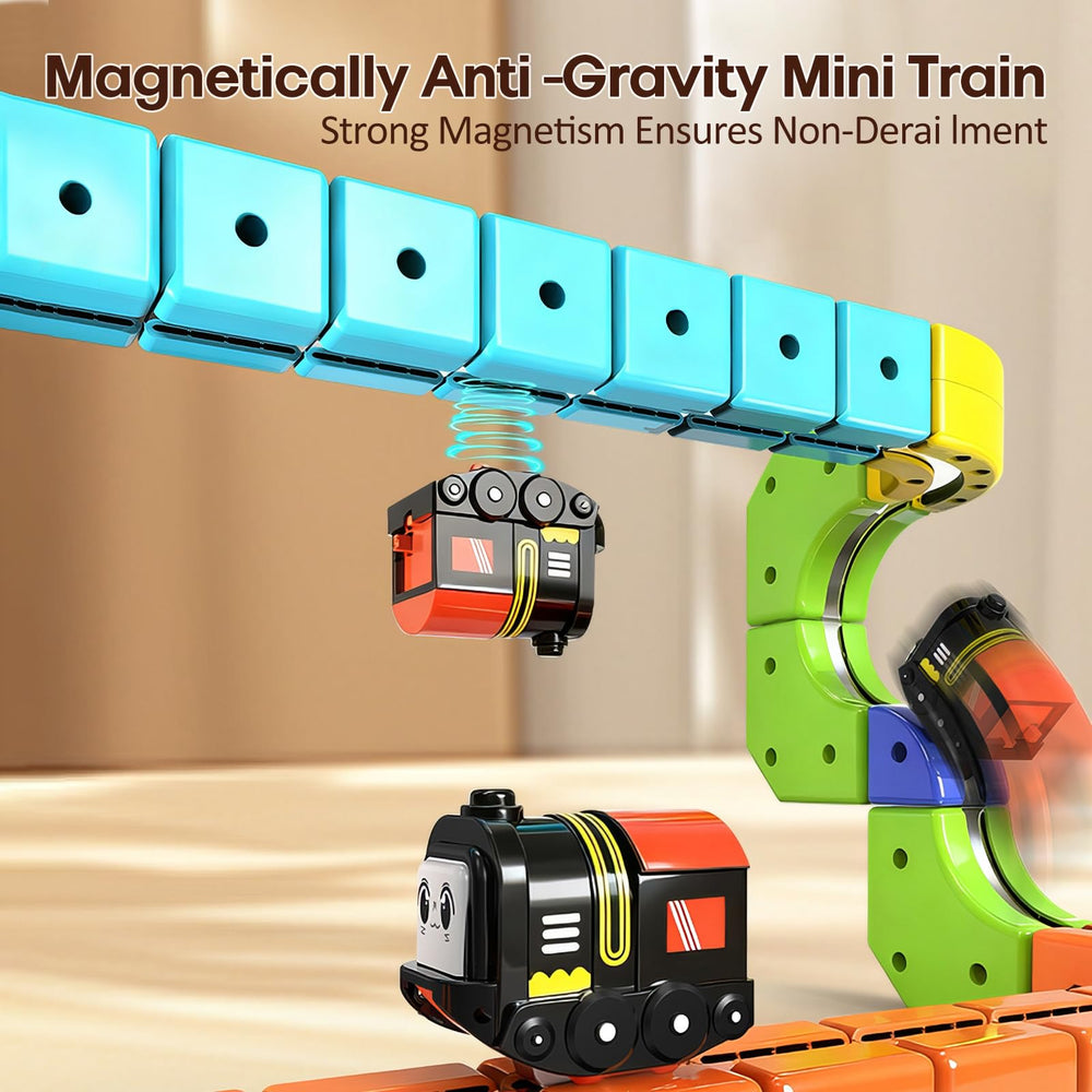 Dripiagarden train set driving sideways along a twisting track.
