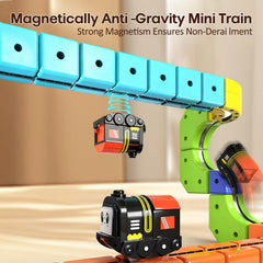 Dripiagarden train set driving sideways along a twisting track.