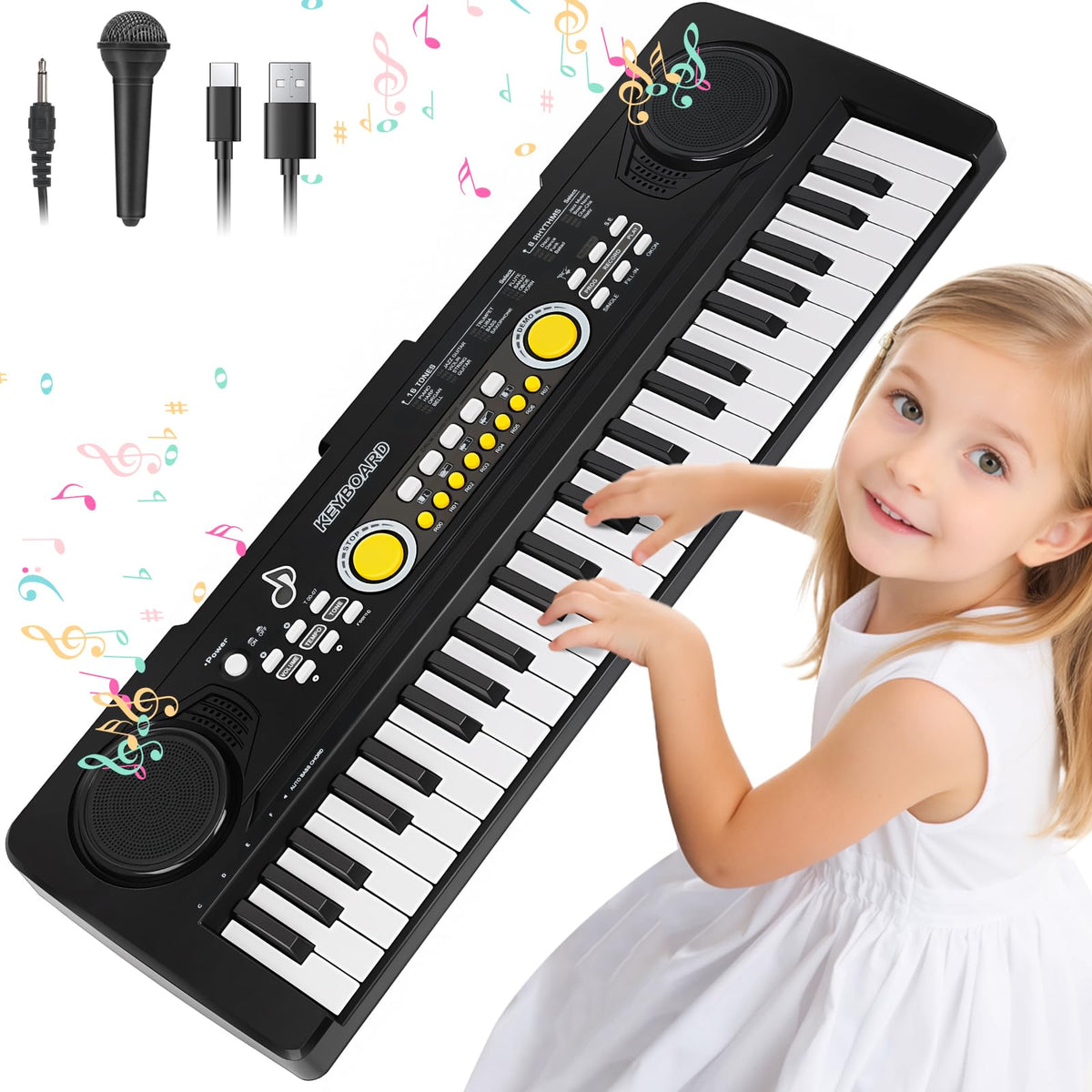 Drmukie 49-key kid’s piano with demo tunes boosts early musical exploration.