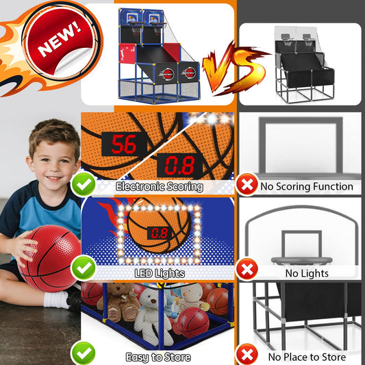 Drmukie Upgrade Dual Basketball Arcade LED scoreboard highlights scores and timer during play.