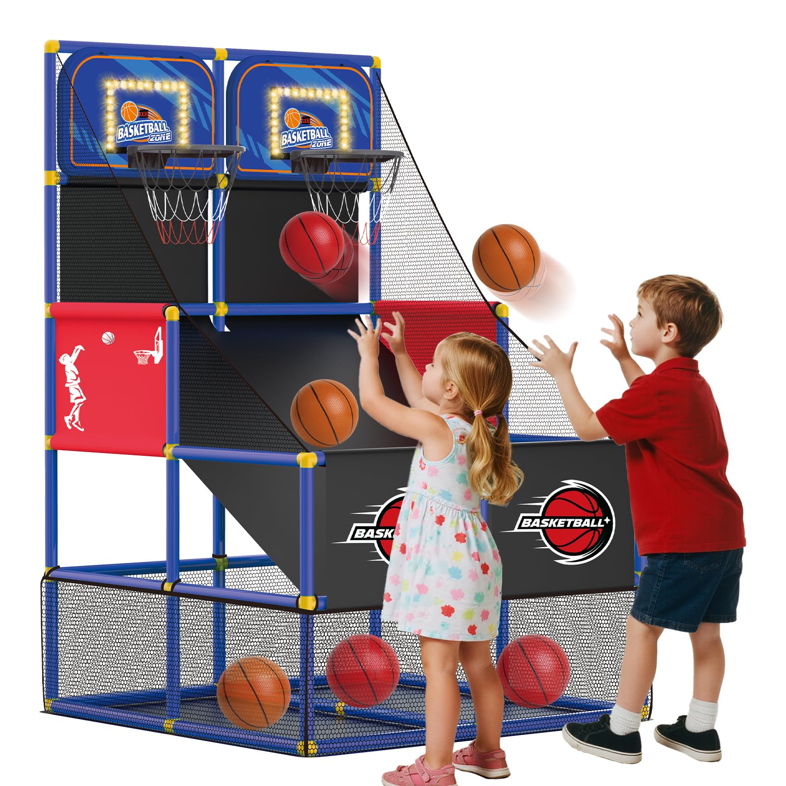 Drmukie Upgrade Dual Basketball Arcade setup enables quick indoor or outdoor play.