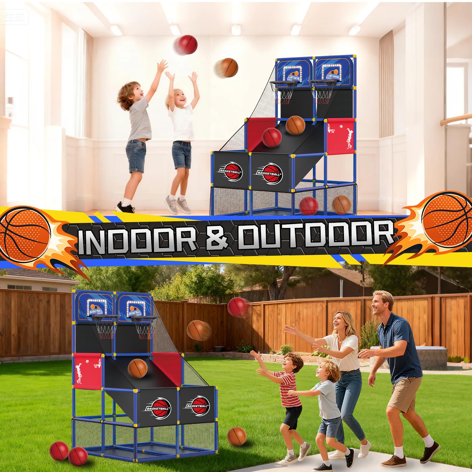 Drmukie Upgrade Dual Basketball Arcade six-balls package keeps action flowing.