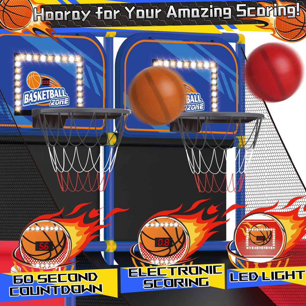 Drmukie Upgrade Dual Basketball Arcade bottom storage keeps toys organized.