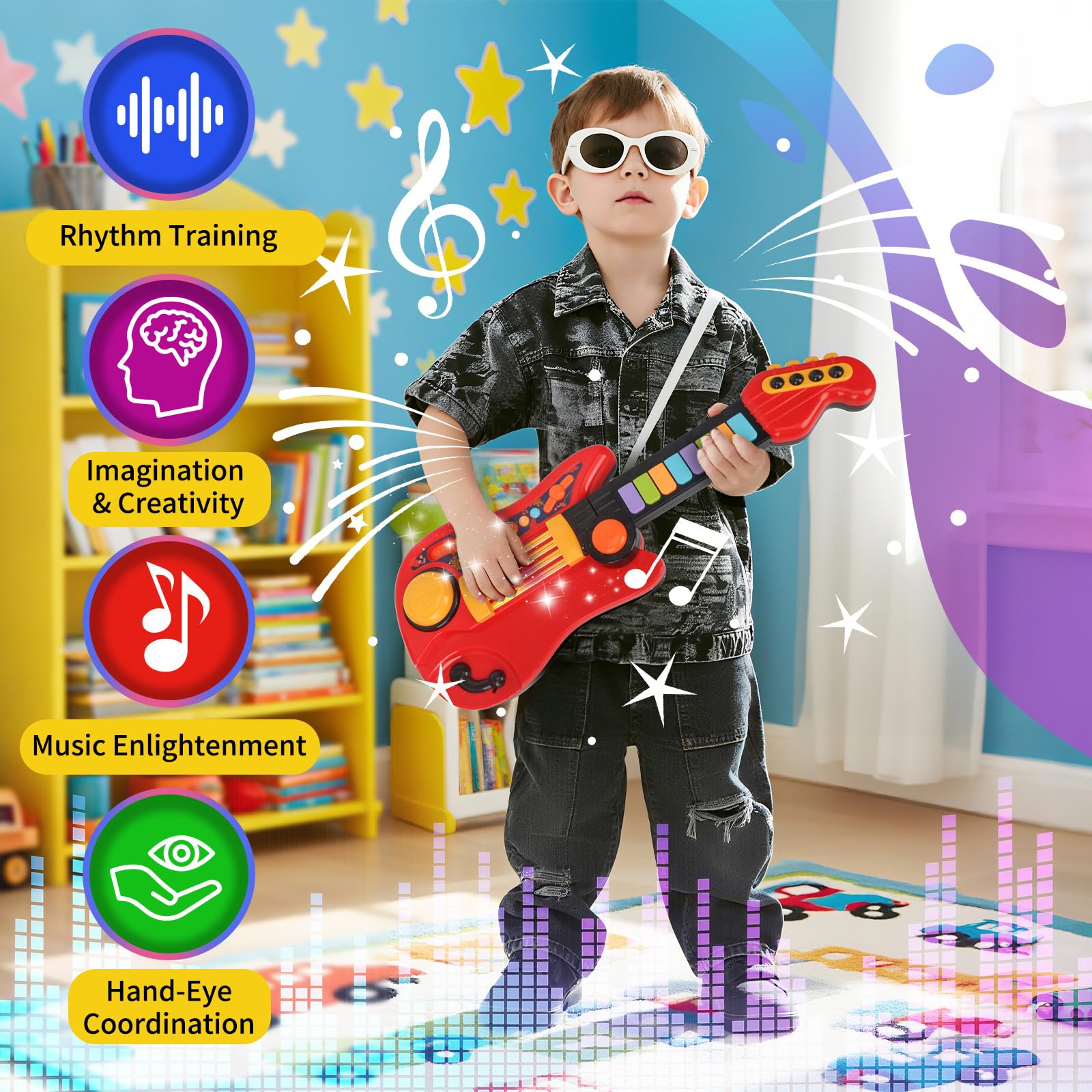 Drmukie kids guitar toy crystal column lights up for a mini concert.