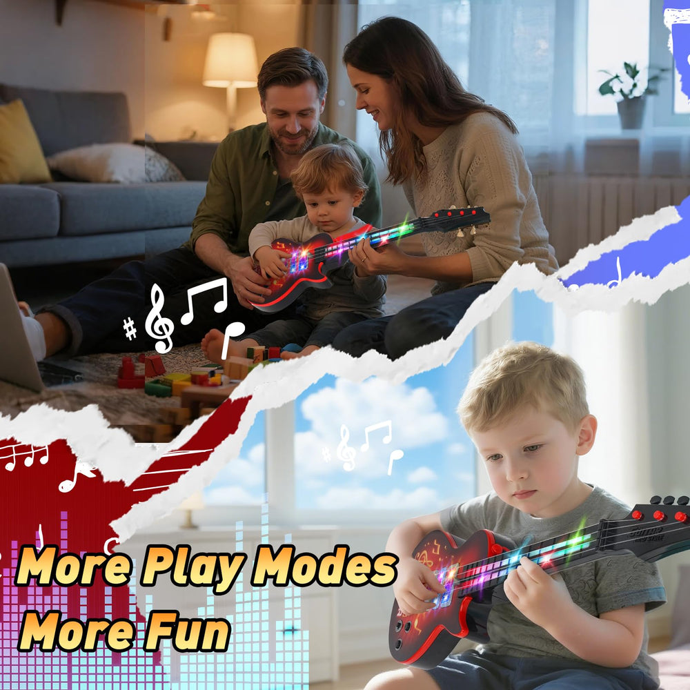 Drmukie Kids Guitar Toy red backstrap view emphasizes easy carrying.