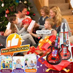 Drmukie Kids Guitar Toy red LED lights illustrate rhythm syncing for fun.