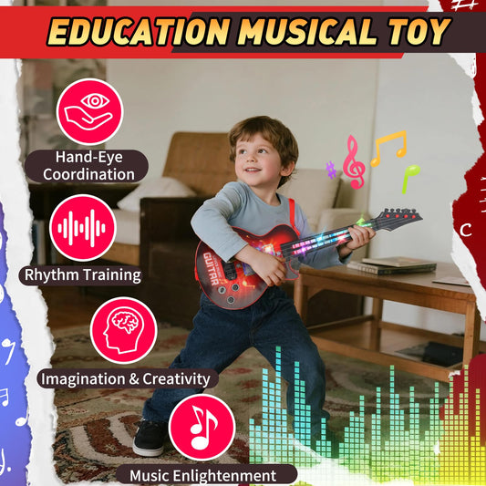 Drmukie Kids Guitar Toy red side view shows portable design for on-the-go play.