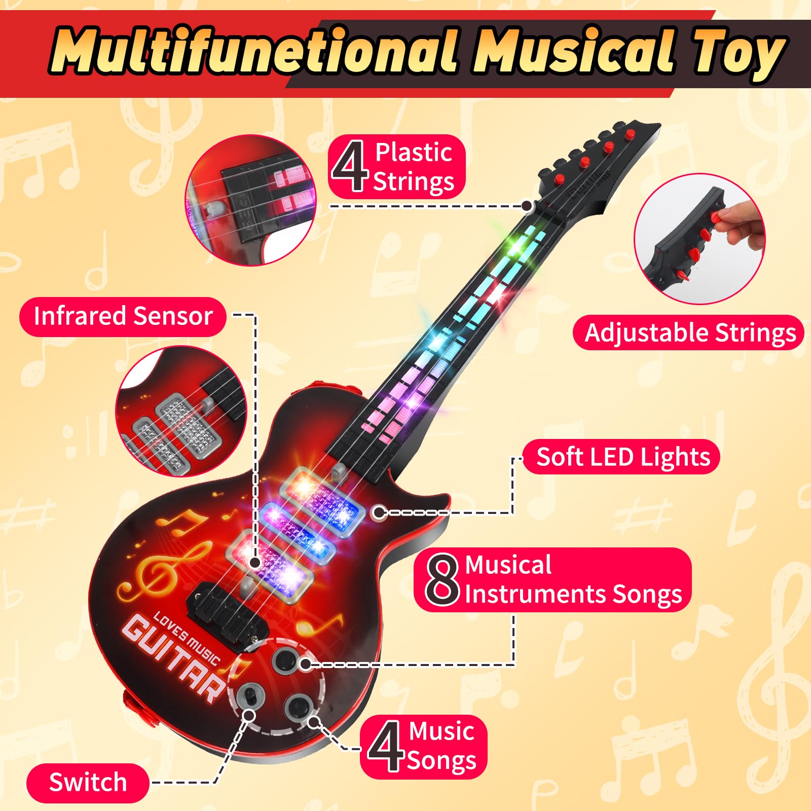 Drmukie Kids Guitar Toy red strings closeup highlights adjustable strings for pitch dialing.