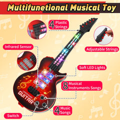 Drmukie Kids Guitar Toy red strings closeup highlights adjustable strings for pitch dialing.