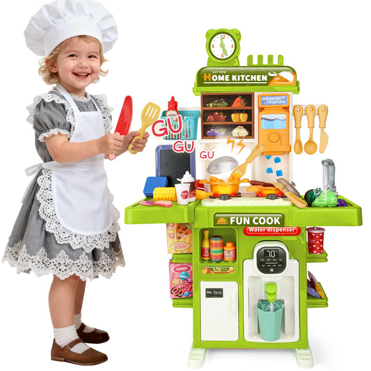 Drmukie Kids Kitchen Playset stove for immersive pretend cooking and fine motor play.