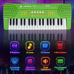 Drmukie kids piano green demo display featuring built-in song options.