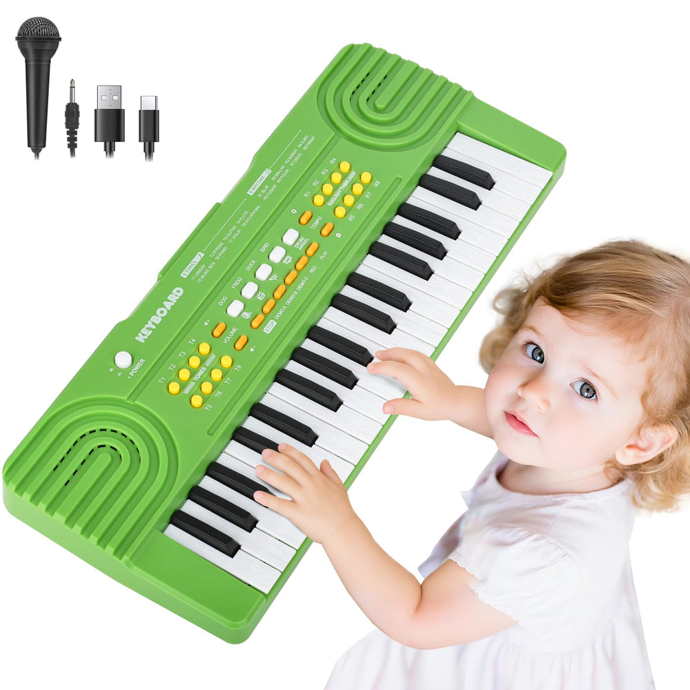Drmukie kids piano green front view, compact size for on-the-go play.