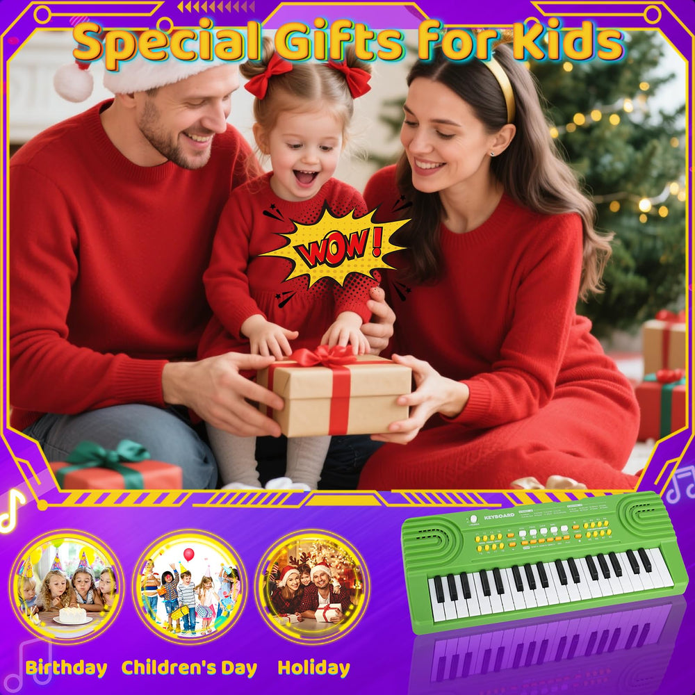 Drmukie kids piano green 37-key layout shown for early music learning.