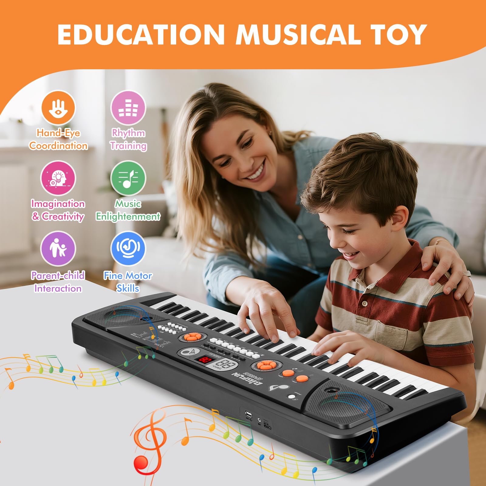 Drmukie kids piano with LCD screen and microphone enables interactive practice.