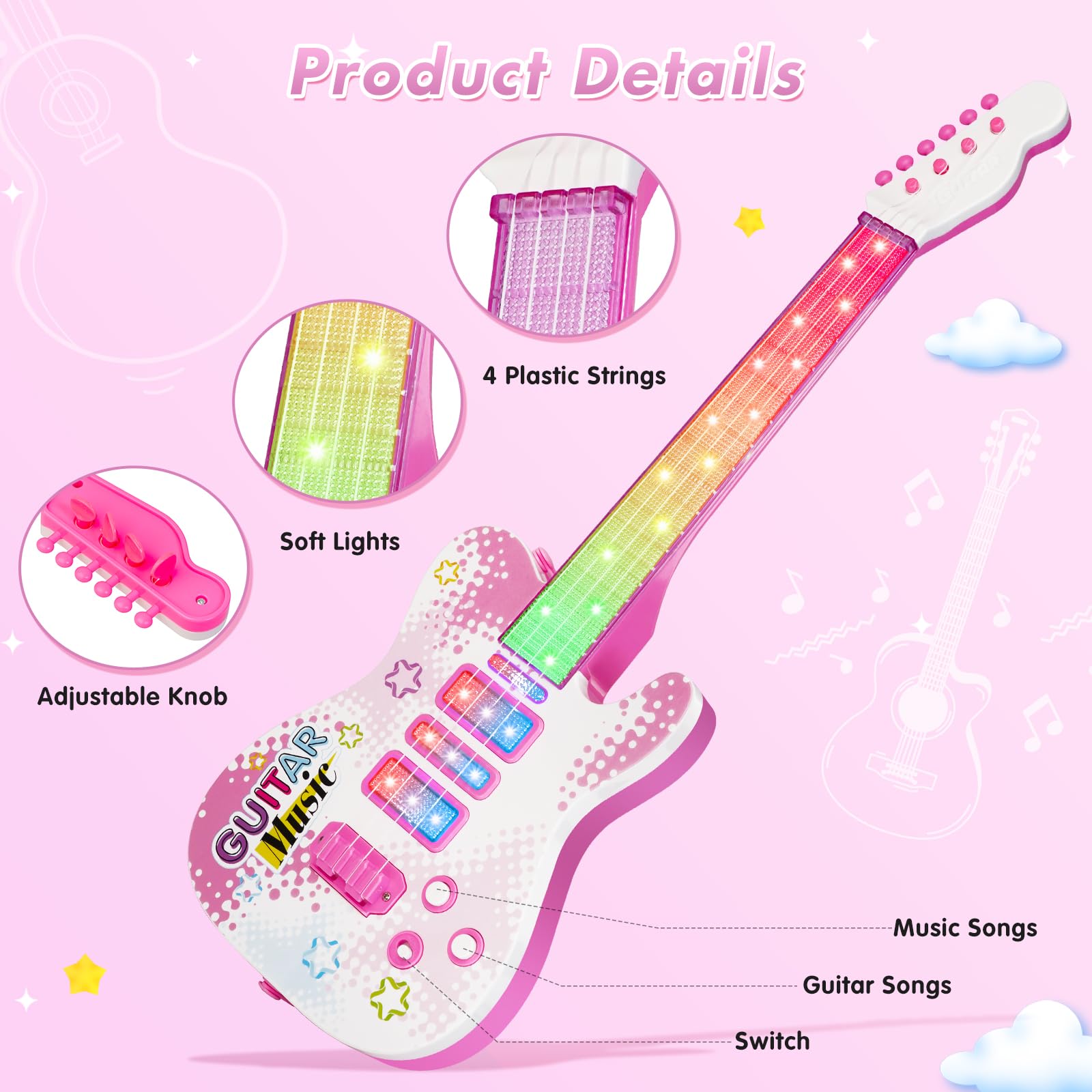 Drmukie pink guitar toy with adjustable strap enables portable play.