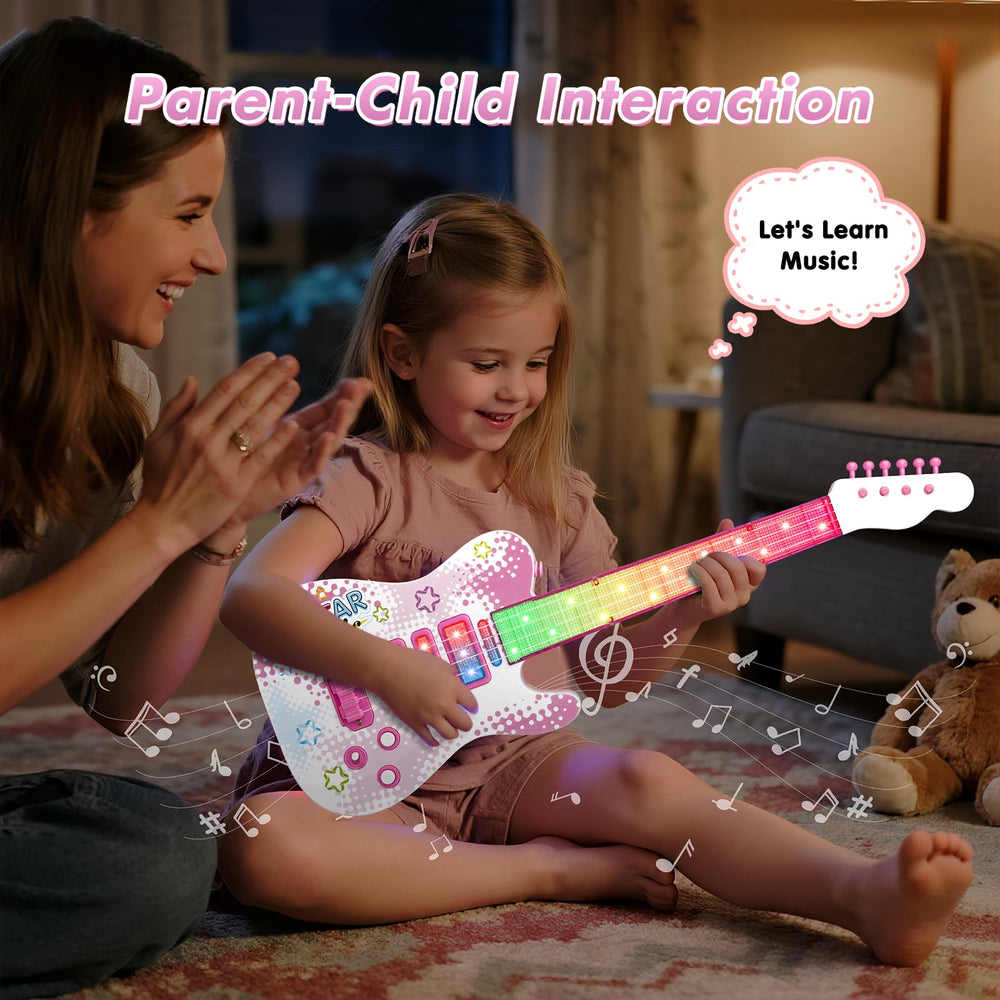 Drmukie pink guitar toy in a family session promotes shared music time.