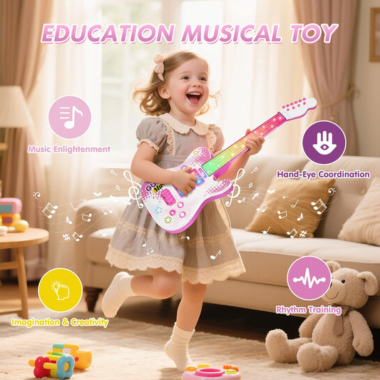 Drmukie pink guitar toy with lights and responsive strings encourages rhythm.