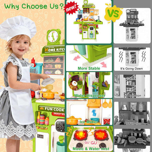 Drmukie Upgrade Toy Kitchen stove lighting showcases realistic cooking ambiance for pretend meals.
