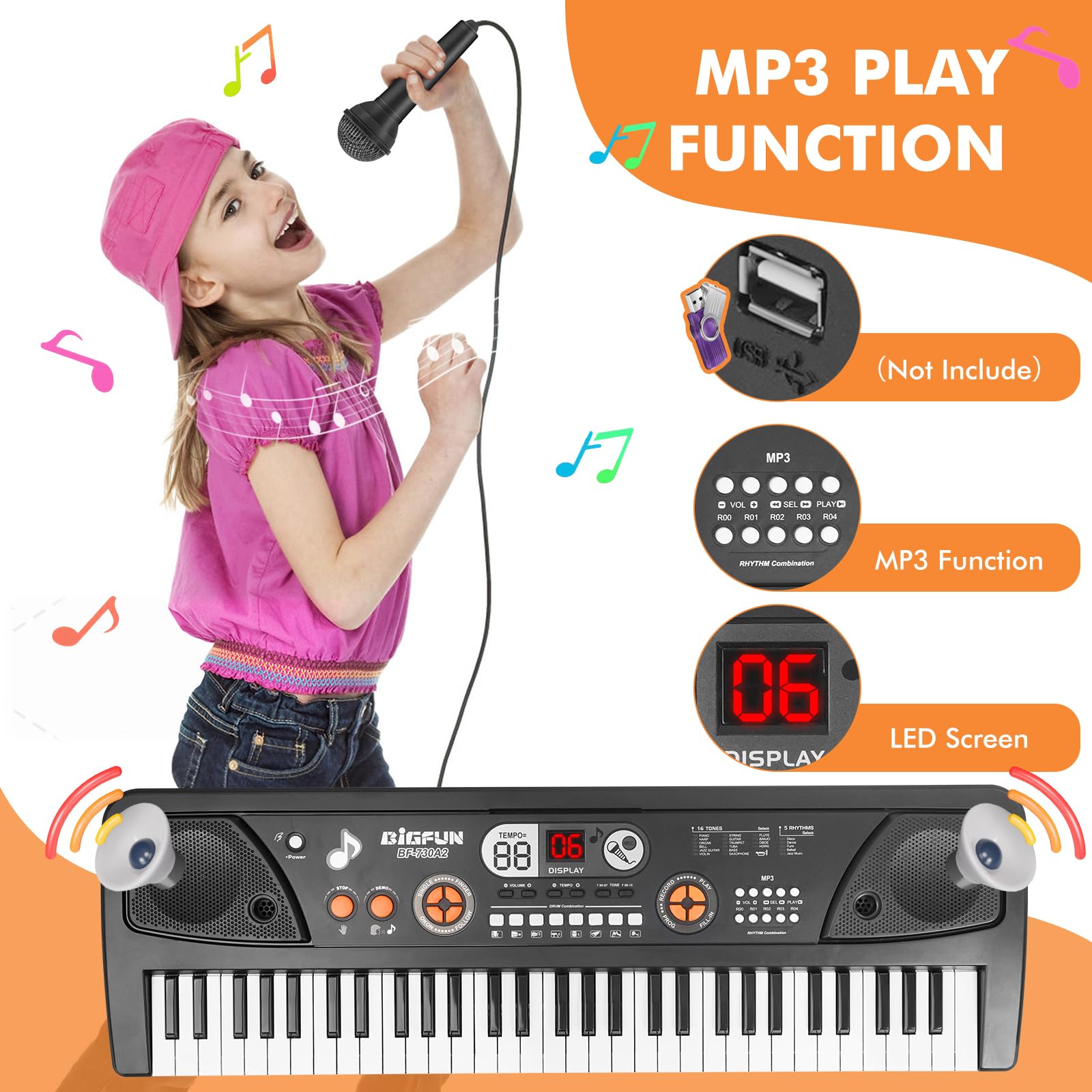 Drmukie USB MP3 play function lets kids customize song practice.