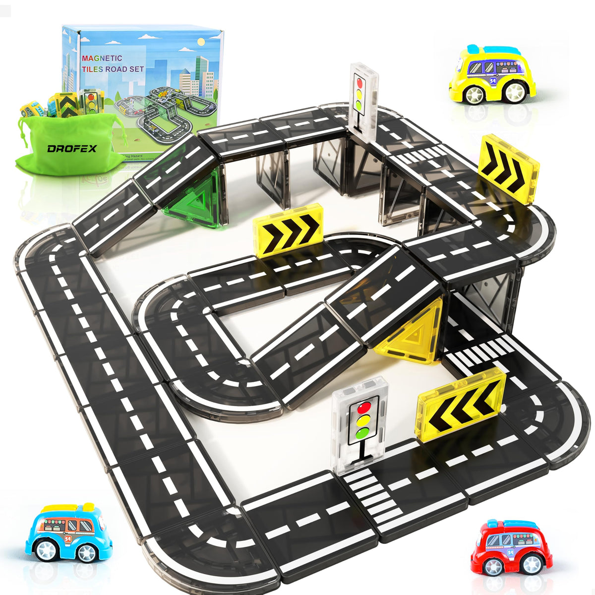 Drofex 42-piece magnetic road tiles set for creative car play and building skills.