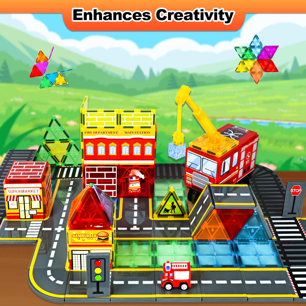 Drofex fire truck magnetic crane highlights rescue-themed play and engineering imagination.