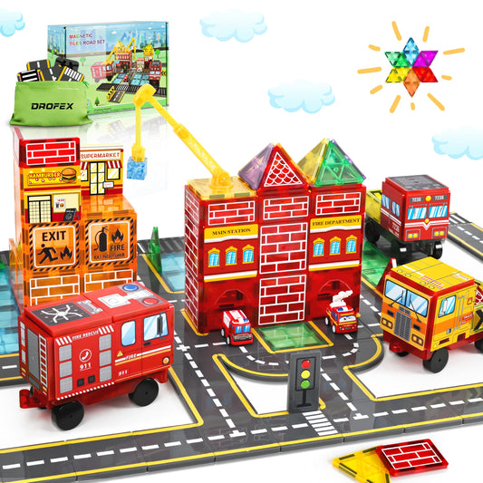 Drofex magnetic tiles road set for imaginative road-building and fine motor skill play.