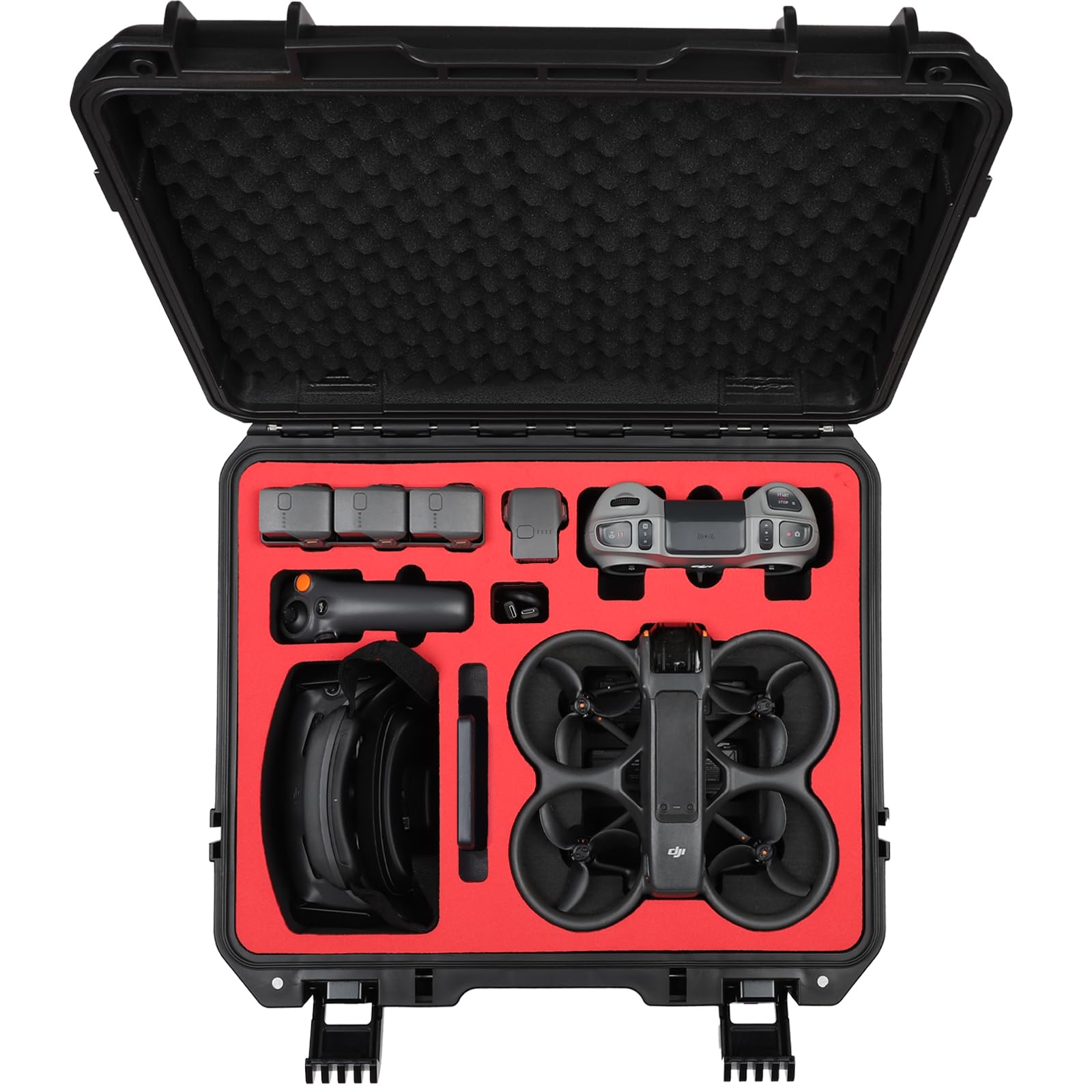 Drogear case interior foam secures the Avata 2 drone and accessories.