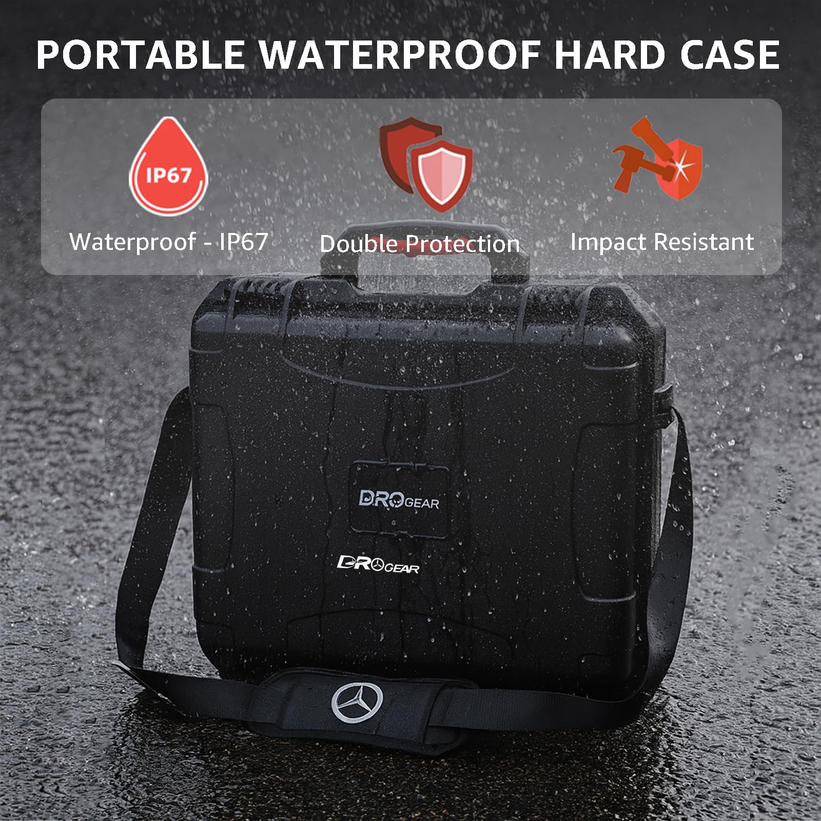 Drogear case IP67 protection guards against water and dust in rough conditions.