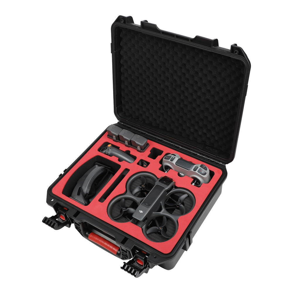 Drogear case shoulder strap and handle enable hands-free travel.