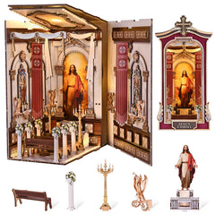 DROICC Book Nook Cathedral scene with stained glass windows for serene home decor.