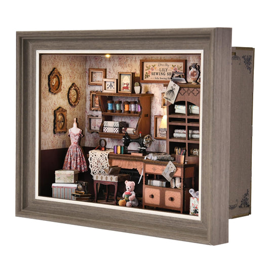 DROICC Book Nook Kit sewing room scene for shelf display and storytelling