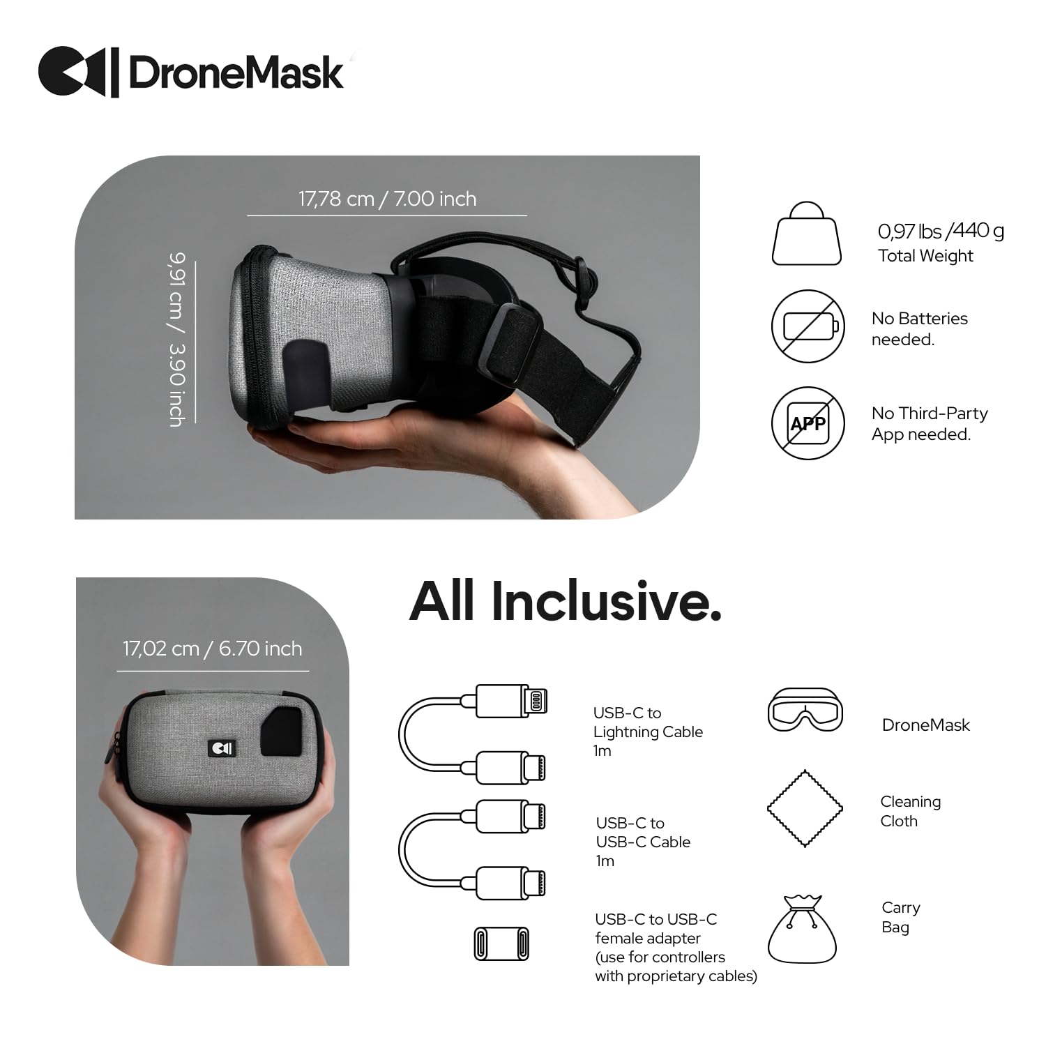 DroneMask 2 works with standard controllers and smartphones, no extra apps needed.