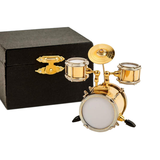 Dselvgvu drum miniature in gold with case, a perfect dollhouse accent.