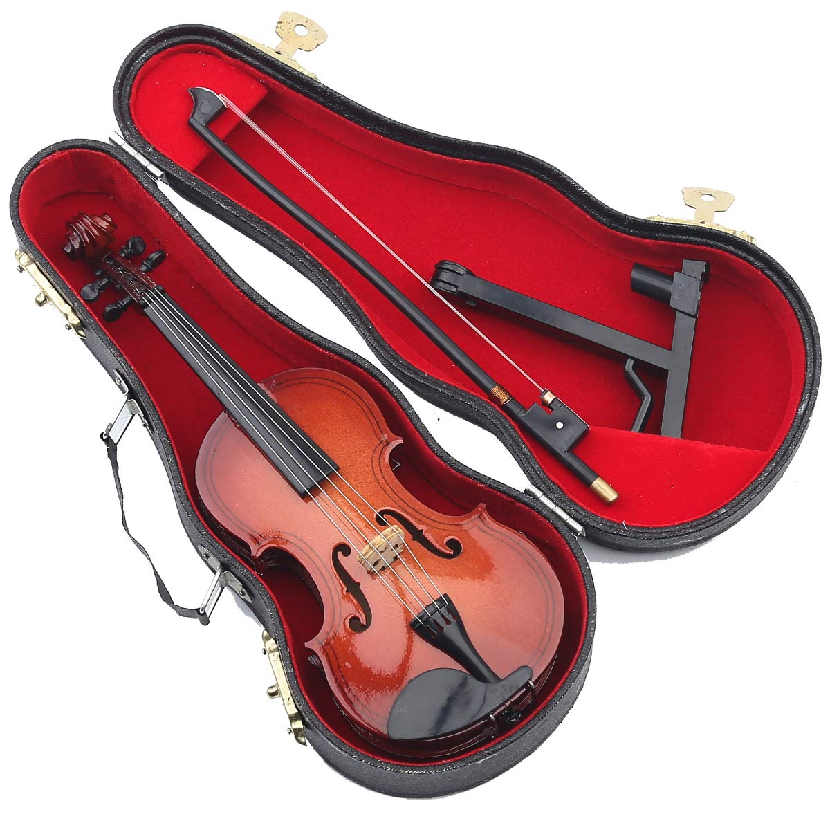 Dselvgvu miniature violin model features four strings and tiny chin rest.