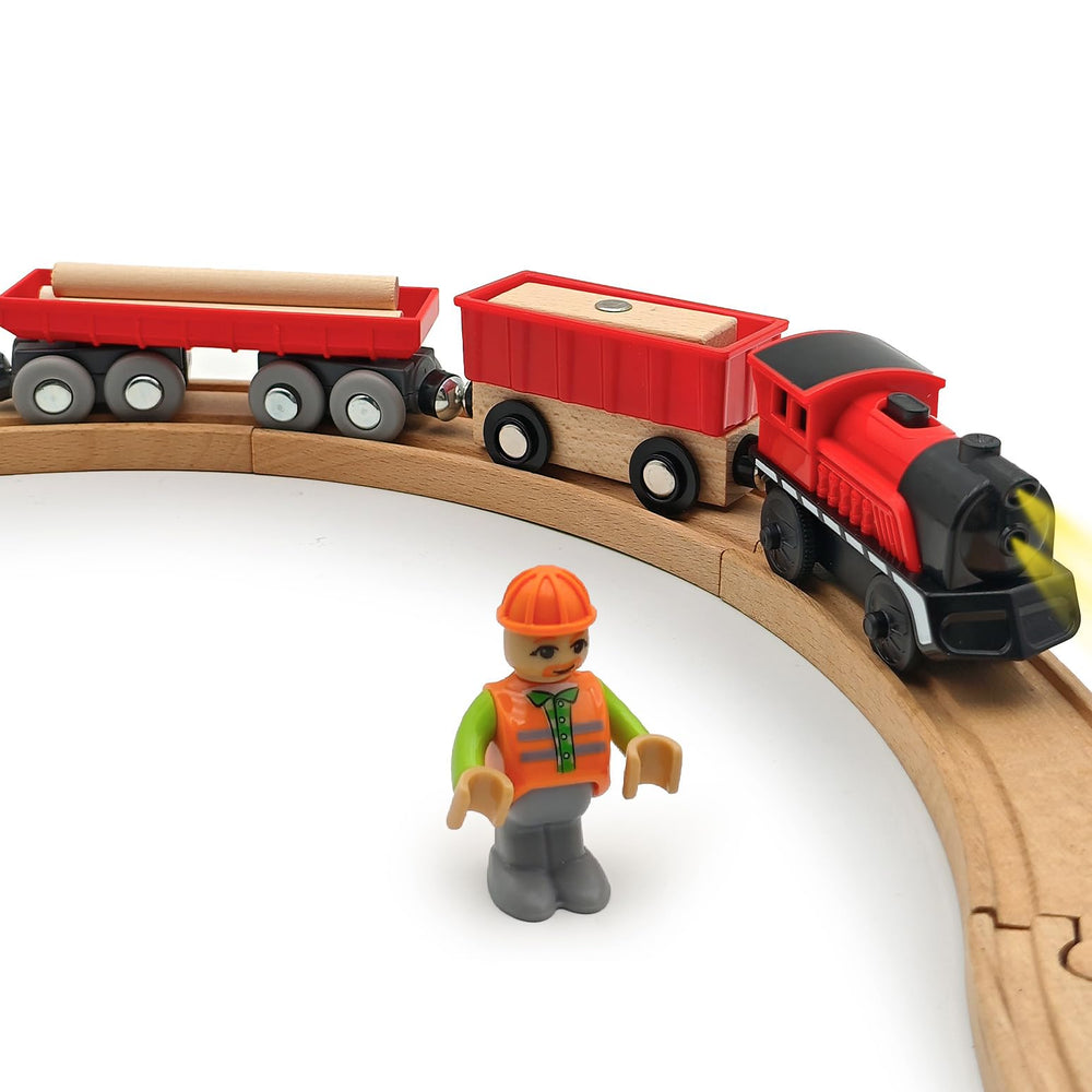 DSHMIXIA battery engine locomotive on wooden track, ideal for imaginative play and developing motor skills.