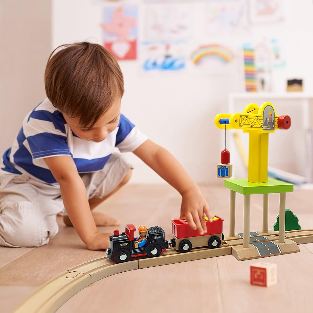 DSHMIXIA wooden train cars highlight safe, tactile wooden-plastic parts for curious hands.