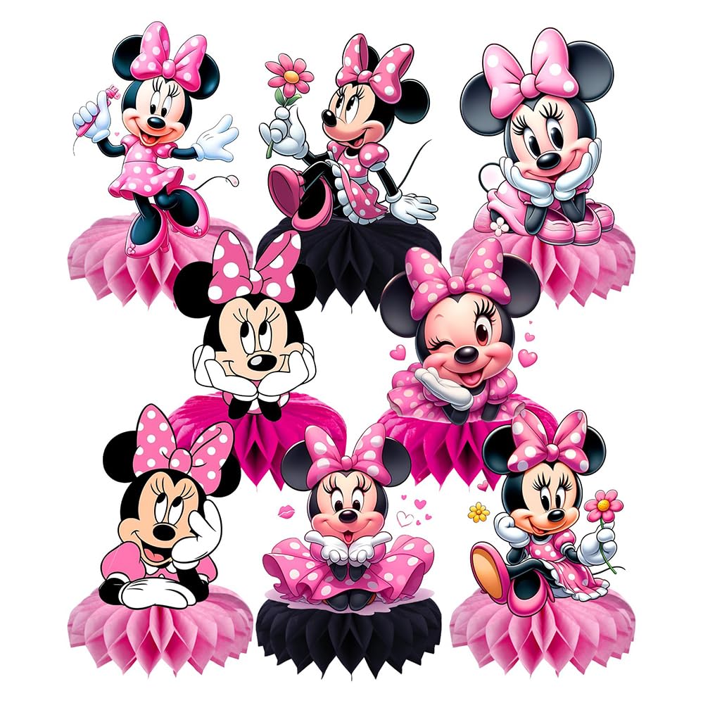 DSOE Minnie honeycomb centerpiece on kids' table, ideal for birthday party decor and photo moments.