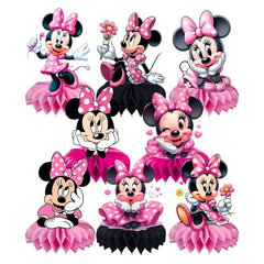 DSOE Minnie honeycomb centerpiece on kids' table, ideal for birthday party decor and photo moments.